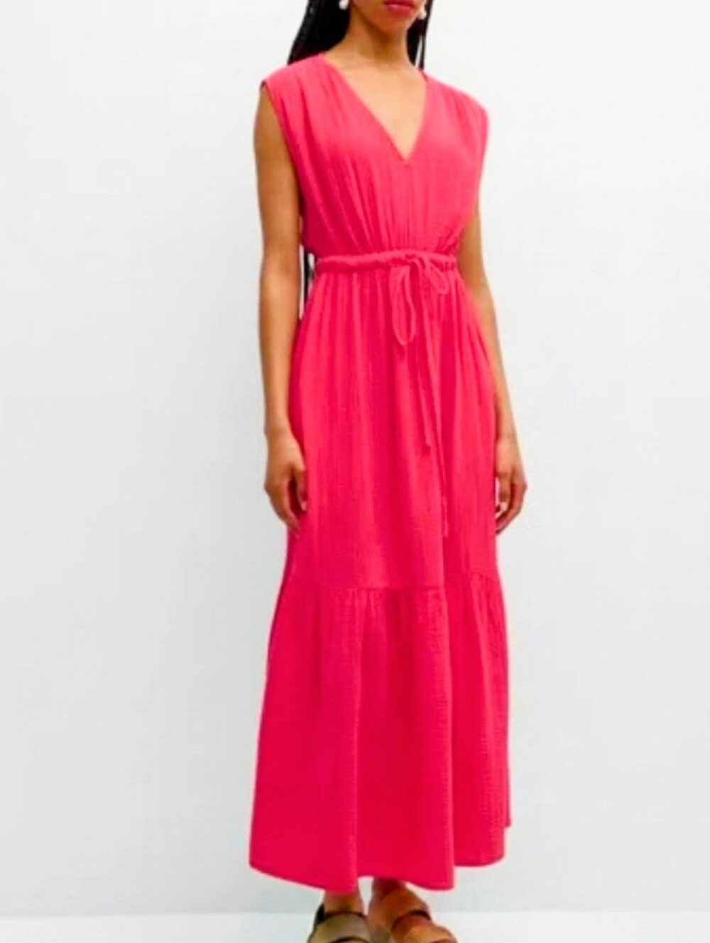 XiRENA Rosalie Hot Pink Cotton Gauze Tiered Maxi Dress With Pockets, Size S